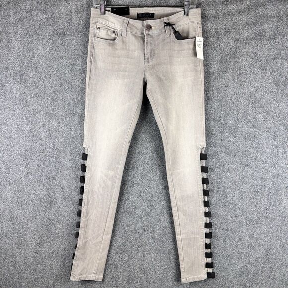 Black Denim - Black Crystal Size 7 Jeans Gray Black Ribbon Tabs Skinny Leg NWT Y2K